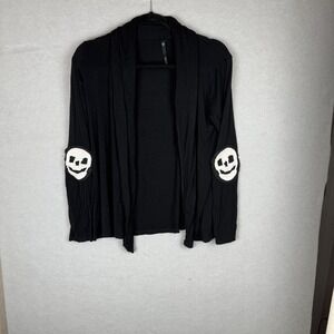 Lovestitch Skull Elbow Patch Cardigan Womens Black Goth Spooky Open Front *read